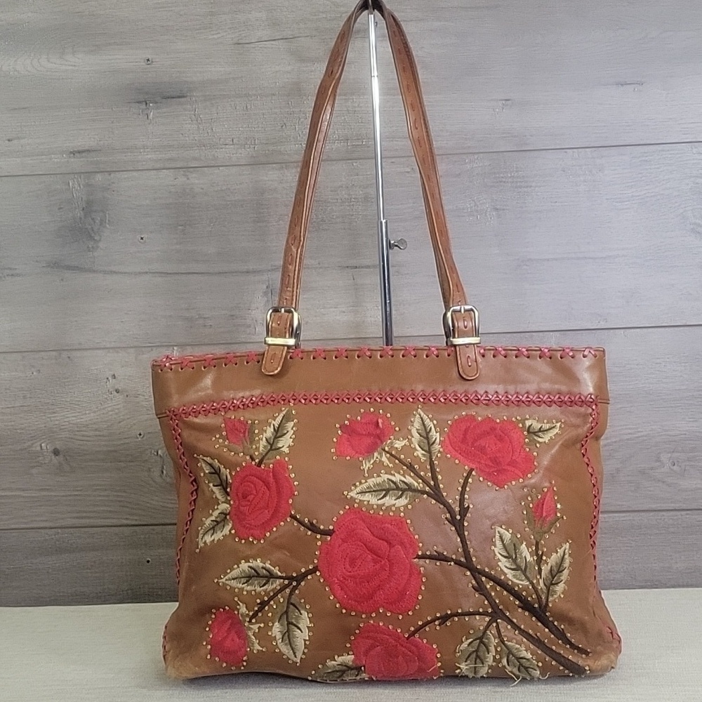 Isabella Fiore Beaded/ Embroidered Brown Leather Tote Shoulder Bag